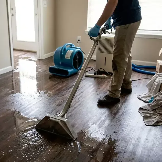 A technician uses an extraction wand on a wet hardwood floor beside a blue air mover.