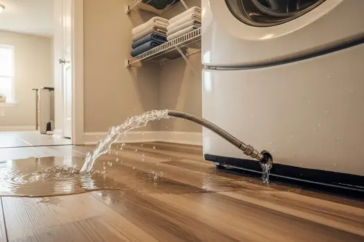 Water spraying from a washing machine supply hose onto a floor