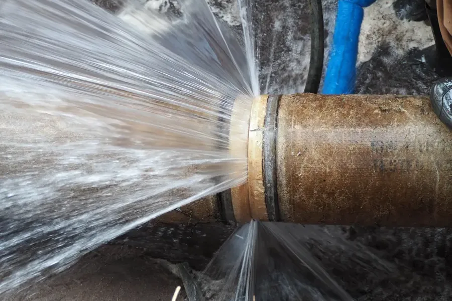 Water spraying from a separated metal pipe connection