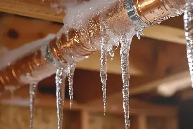 Icicles hanging from a frozen copper supply pipe under the floor joists