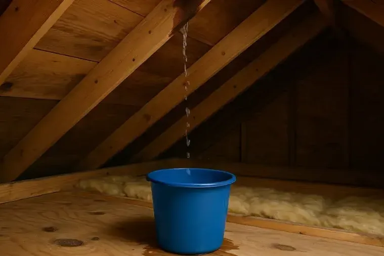 Water dripping from the roof decking into a bucket in an attic after a roof leak