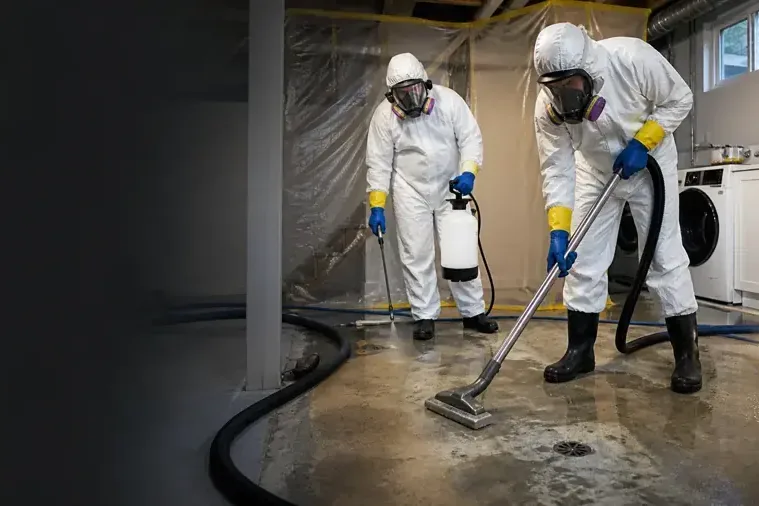 Cleanup workers in protective suits and respirators extracting a sewage backup from a lower level